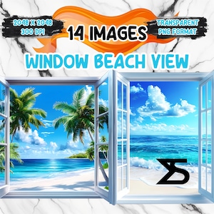 Könnte beinhalten: Eine digitale Illustration von 14 Bildern einer Strandszene, die durch ein Fenster betrachtet wird. Das Fenster ist weiß mit einem weißen Rahmen. Die Strandszene umfasst ein blaues Meer, weißen Sand, Palmen und einen blauen Himmel mit weißen Wolken. Der Text "14 IMAGES" ist orange und der Text "WINDOW BEACH VIEW" ist weiß. Der Text "TRANSPARENT PNG FORMAT" ist schwarz.
