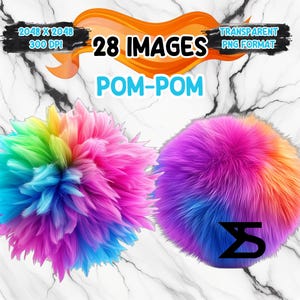 Könnte beinhalten: 28 Bilder von bunten Pompons in verschiedenen Farben, darunter Rosa, Blau, Grün, Gelb und Lila. Die Pompons sind flauschig und weich und eignen sich perfekt, um jedem Bastelprojekt eine Prise Verspieltheit zu verleihen.