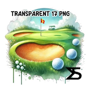 Puede incluir: Una ilustraci&oacute;n de acuarela de un campo de golf con un green de putting verde, un bunker de arena y cuatro bolas de golf. La ilustraci&oacute;n est&aacute; sobre un fondo blanco con el texto "TRANSPARENT 17 PNG" en la parte superior.