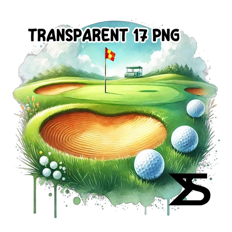 Puede incluir: Una ilustraci&oacute;n de acuarela de un campo de golf con un green de putting verde, un bunker de arena y cuatro bolas de golf. La ilustraci&oacute;n est&aacute; sobre un fondo blanco con el texto "TRANSPARENT 17 PNG" en la parte superior.