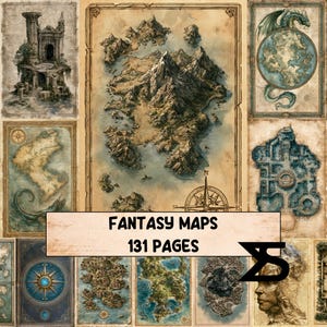 Op de afbeelding: Een verzameling fantasiekaarten met 131 pagina's aan gedetailleerde illustraties, waaronder bergketens, kusten, oude ruïnes en complexe kompasrozen op verouderd perkamentpapier met de tekst FANTASY MAPS 131 PAGES.