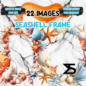 Könnte beinhalten: Ein Muschelrahmen-Design mit orangefarbenen, blauen und weißen Muscheln und Seesternen. Das Bild enthält den Text "22 Images" und "Seashell Frame". Der Hintergrund hat eine Marmortextur.