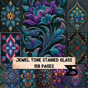 Jewel Tone Stained Glass junk journal ephemera kit printable papers collage pack vintage frames labels and journaling supplies