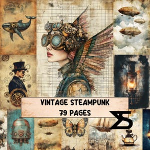 Könnte beinhalten: Eine Collage von Vintage-Steampunk-Illustrationen. Das zentrale Bild zeigt eine Frau mit Brille und mechanischen Flügeln. Weitere Bilder sind ein Wal, Luftschiffe, ein Mann mit Zylinder und der Text "VINTAGE STEAMPUNK 79 PAGES".