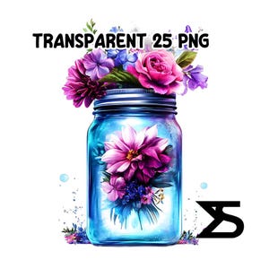 May include: A blue glass jar filled with a bouquet of pink, purple, and white flowers. The flowers are arranged in a whimsical way, with some spilling out of the jar. The jar has a white background with a watercolor effect.