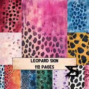 May include: A collection of patterned papers featuring leopard print, paw prints, and floral designs in a variety of colours. The palette includes pink, blue, yellow, and black. The text "LEOPARD SKIN 112 PAGES" is displayed on a wooden sign.