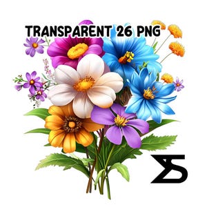 May include: A bouquet of colourful flowers, including white, yellow, purple, pink, and blue flowers. The flowers are arranged in a cluster with green leaves.