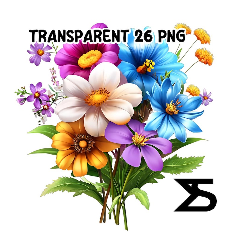May include: A bouquet of colourful flowers, including white, yellow, purple, pink, and blue flowers. The flowers are arranged in a cluster with green leaves.