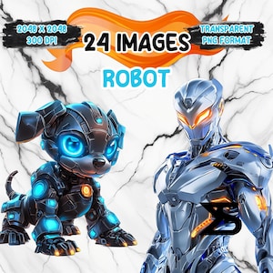 Könnte beinhalten: Ein Set mit 24 digitalen Bildern, die Roboterfiguren zeigen. Die Bilder sind im PNG-Format und haben einen transparenten Hintergrund. Die Bilder sind 2048 x 2048 Pixel groß und haben 300 DPI. Ein Bild zeigt einen silbernen Roboter mit leuchtend orangefarbenen Augen. Ein anderes Bild zeigt einen blau-schwarzen Roboterhund mit leuchtend blauen Augen.