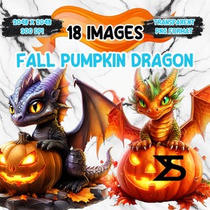 Könnte beinhalten: Digitale Illustration von zwei Cartoon-Drachen, die auf geschnitzten Kürbissen sitzen. Ein Drache hat einen lila Kopf und der andere einen grünen Kopf. Der Text "FALL PUMPKIN DRAGON" wird über den Drachen angezeigt.
