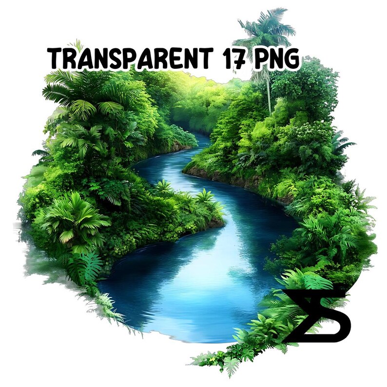 May include: A winding blue river flows through a lush green jungle. The river is surrounded by tall trees and dense foliage. The image is a digital illustration.