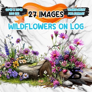 Peut inclure: Image numérique d'une bûche ornée de fleurs sauvages vibrantes. Les fleurs présentent une gamme de couleurs, notamment le violet, le rose, le jaune et le blanc. L'image comprend le texte "27 Images" et "Wildflowers on Log."