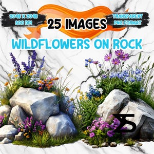 Aquarelle de fleurs sauvages sur le rocher Image PNG sur fond transparent, sticker numérique/Scrappbooking, usage commercial, téléchargement numérique instantané
