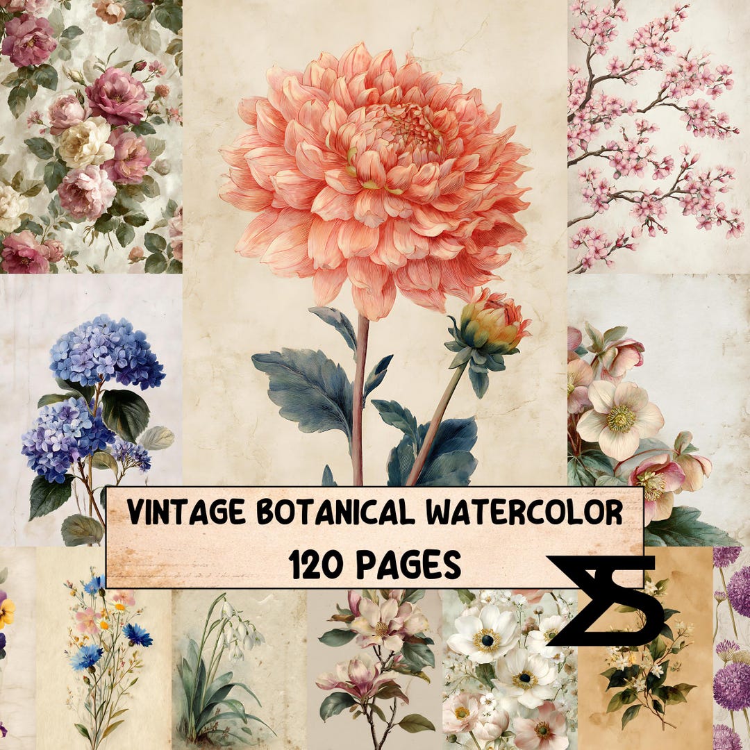 Vintage Botanical Watercolor Junk Journal Kit Printable Ephemera Floral ...