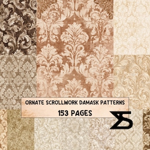 May include: A collection of ornate scrollwork damask patterns displayed across multiple sections in shades of brown, beige, and cream. A central rectangular label features the text ORNATE SCROLLWORK DAMASK PATTERNS 153 PAGES with a black logo.