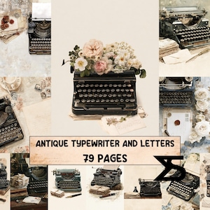 Op de afbeelding: Een digitale collectie van 79 pagina's met antieke typemachines, handgeschreven brieven, waszegels en bloemstukken. De afbeeldingen bevatten diverse zwarte en blauwgroene typemachines, stapels papier, enveloppen en pennen op gestructureerde achtergronden.