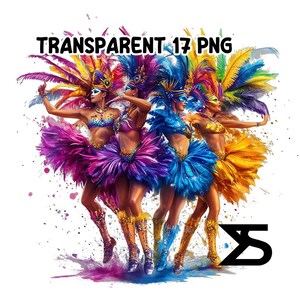 May include: Four women in colorful costumes and feathered headdresses dance in a burst of colorful paint splatters. The women are wearing bright pink, blue, and yellow costumes with gold accents. The image is set against a white background.