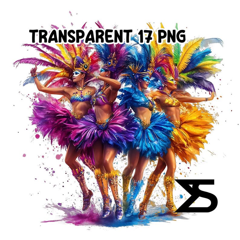 May include: Four women in colorful costumes and feathered headdresses dance in a burst of colorful paint splatters. The women are wearing bright pink, blue, and yellow costumes with gold accents. The image is set against a white background.