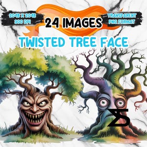 May include: Digital art featuring two whimsical tree faces with expressive features. One tree has a menacing grin, while the other has a colorful, surprised expression. The image includes text that reads "24 IMAGES" and "TWISTED TREE FACE".