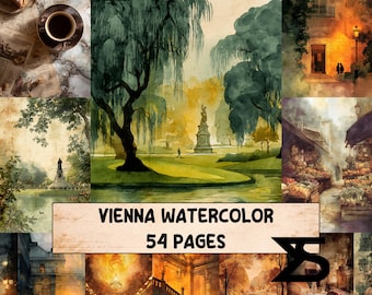 Könnte beinhalten: Eine Collage von Aquarellmalereien mit Szenen aus Wien, Österreich. Das zentrale Bild zeigt einen Park mit einer Trauerweide und einer Statue. Der Text auf dem Bild lautet "Vienna Watercolor 54 Pages."