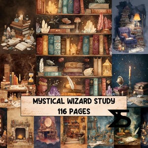 May include: A collage of watercolor illustrations depicting a mystical wizard's study. The images showcase bookshelves filled with books, crystals, candles, and other magical items. The text "MYSTICAL WIZARD STUDY 116 PAGES" is displayed.