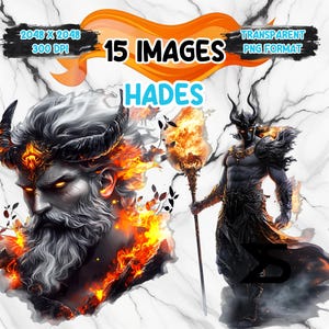 Könnte beinhalten: Digitale Kunst mit zwei Darstellungen von Hades, dem griechischen Gott der Unterwelt. Ein Porträt mit feurigen Akzenten und eine Ganzkörperillustration mit einem flammenden Stab. Text enthält "15 IMAGES", "HADES" und Bildspezifikationen.