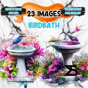 Könnte beinhalten: Zwei weiße Vogelbäder mit rosa und violetten Blumen, grünen Blättern und blauen Vögeln. Die Vogelbäder sind aus Stein und haben eine runde Oberseite und einen Sockel. Die Vögel sitzen auf dem Rand der Bäder und schauen auf das Wasser. Der Hintergrund ist eine weiße Marmorfläche.
