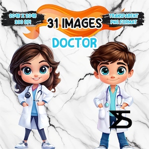 Paquete de 31 imágenes prediseñadas de médicos de dibujos animados en acuarela, uso comercial, descarga digital, descarga instantánea