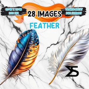 May include: 28 images of feathers in PNG format. The feathers are in various colours, including blue, orange, white, and gold. The feathers are isolated on a white background.