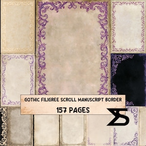 Puede incluir: Una colección de hojas de papel rectangulares con varios bordes decorativos con patrones de volutas de filigrana moradas y doradas sobre fondos de pergamino envejecido. Una etiqueta central muestra el texto GOTHIC FILIGREE SCROLL MANUSCRIPT BORDER 157 PAGES.