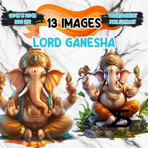 Puede incluir: Arte digital con dos ilustraciones detalladas de Lord Ganesha, una deidad hindú. Las imágenes son vibrantes y coloridas, con tonos dorados y anaranjados. El texto incluye "13 Images", "Lord Ganesha" y detalles de resolución. El fondo es una textura de mármol.