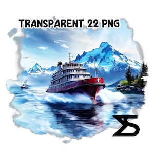 May include: A red and white passenger ferry boat with the text "Yukon Queen" on the side, sailing through a body of water with snow-capped mountains in the background.