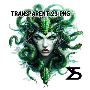 May include: A digital illustration of Medusa with green snakes for hair, a pale face, and green eyes. The image includes the text "TRANSPARENT 23 PNG" in black. The image has a white background.