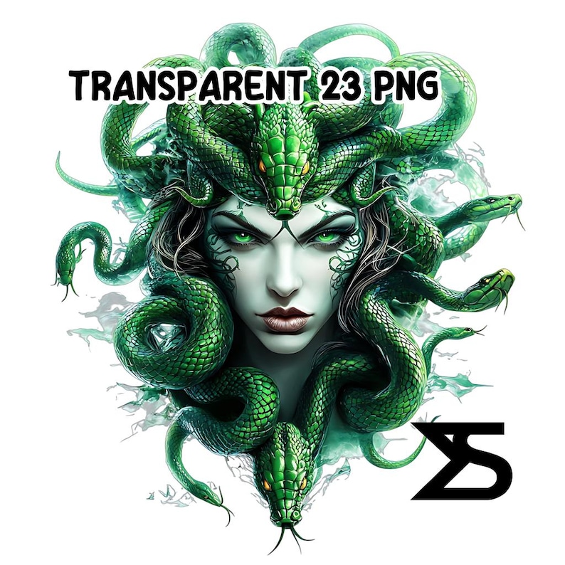 May include: A digital illustration of Medusa with green snakes for hair, a pale face, and green eyes. The image includes the text "TRANSPARENT 23 PNG" in black. The image has a white background.