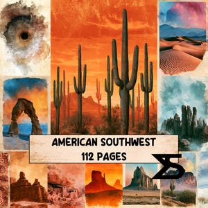 May include: A collage of desert landscapes featuring saguaro cacti, rock formations, and sand dunes in warm orange and blue tones. The text AMERICAN SOUTHWEST 112 PAGES is centred in a rectangular box, with a black geometric logo in the corner.