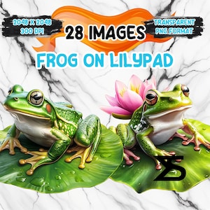 Grenouille aquarelle assise sur une image PNG nénuphar, lot de cliparts faon, usage commercial, téléchargement numérique, téléchargement immédiat