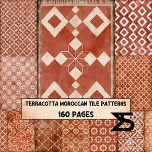 May include: A collection of terracotta Moroccan tile patterns displayed in a grid layout. The image features various geometric and floral designs in shades of burnt orange and cream. A central banner displays the text Terracotta Moroccan Tile Patterns 160 Pages with a black logo icon on the right side.