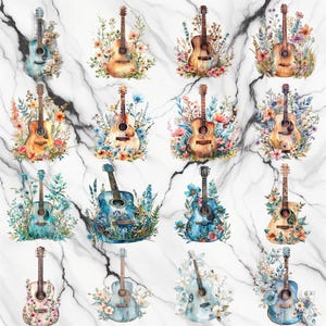 20 vintage bloemen gitaar clipart, afdrukbare aquarel clipart, clipart bundel, commercieel gebruik, digitale download, instant download