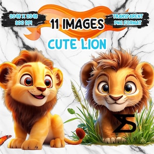 Lion mignon dessin animé aquarelle, lot de Clipart Lion, usage commercial, téléchargement numérique, téléchargement immédiat