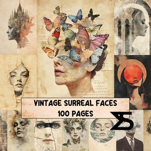 Può includere: Un collage di volti surreali vintage con farfalle ed elementi architettonici. L'immagine centrale presenta il profilo di una donna con farfalle. Il testo recita "VINTAGE SURREAL FACES 100 PAGES".