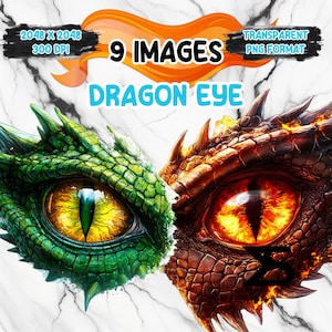 May include: Digital art featuring two dragon eyes, one green and one orange, with detailed scales and vibrant yellow irises. The image includes text that reads "9 IMAGES" and "DRAGON EYE". The background is white with a marble effect.