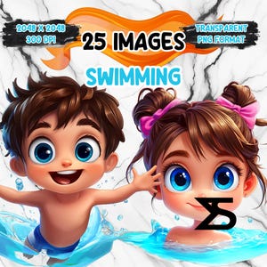 25 imágenes prediseñadas de natación en acuarela, imágenes prediseñadas de natación de dibujos animados, paquete de imágenes prediseñadas, uso comercial, descarga digital, descarga instantánea
