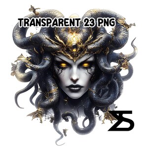 May include: A digital illustration of Medusa with a pale face, black lipstick, and glowing yellow eyes. Her hair is composed of dark, serpentine locks, adorned with gold accents. The image includes the text "TRANSPARENT 23 PNG" and a stylized "ZS" logo.