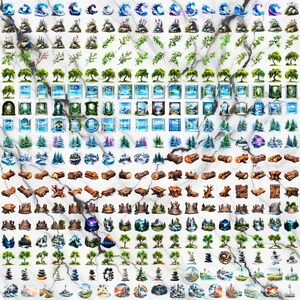 May include: A selection of watercolour stickers with nature-inspired designs. The stickers depict waves, rocks, foliage, trees, landscapes, and logs. The colour scheme includes shades of blue, green, brown, and purple.