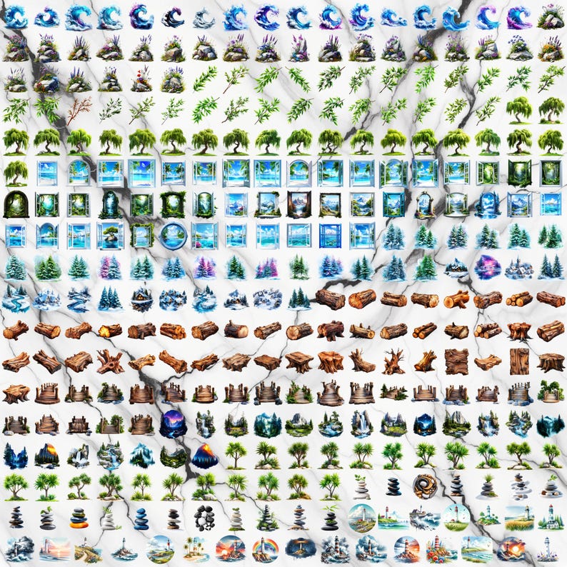 May include: A selection of watercolour stickers with nature-inspired designs. The stickers depict waves, rocks, foliage, trees, landscapes, and logs. The colour scheme includes shades of blue, green, brown, and purple.