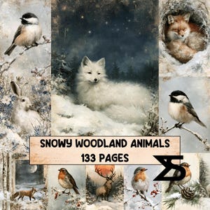 May include: A collection of snowy woodland animal illustrations featuring a white fox, a red fox, a rabbit, a deer, and various birds on branches. The text reads SNOWY WOODLAND ANIMALS 133 PAGES. The imagery depicts winter scenes with snow.