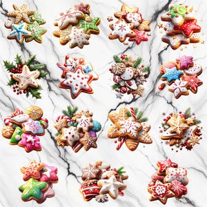 Könnte beinhalten: Eine Sammlung sternförmiger Weihnachtsplätzchen mit weißem Zuckerguss und bunten Verzierungen. Einige Kekse haben Schneeflocken- und Punktmuster, während andere rote, grüne und blaue Akzente aufweisen. Die Kekse sind auf einer weißen Marmoroberfläche angeordnet.