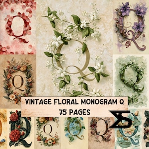 Könnte beinhalten: Eine Sammlung von 75 Seiten mit dem Buchstaben Q in verschiedenen floralen Designs. Jede Seite zeigt den Buchstaben Q, verziert mit unterschiedlichen Blumen, darunter rote Blütenblätter, weißer Jasmin, violette Blüten und grüne Ranken auf strukturierten Hintergründen.