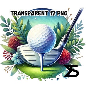 Puede incluir: Una ilustraci&oacute;n de acuarela de una bola de golf en un tee, con un palo de golf detr&aacute;s. La escena est&aacute; ambientada en un campo verde con flores y &aacute;rboles en el fondo.