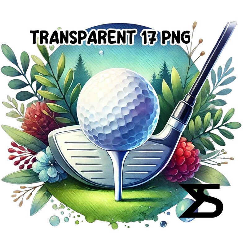Puede incluir: Una ilustraci&oacute;n de acuarela de una bola de golf en un tee, con un palo de golf detr&aacute;s. La escena est&aacute; ambientada en un campo verde con flores y &aacute;rboles en el fondo.